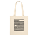 Front of natural colored tote bag with blackout poem On French Champagne, in durable, sustainable organic cotton, black on natural white