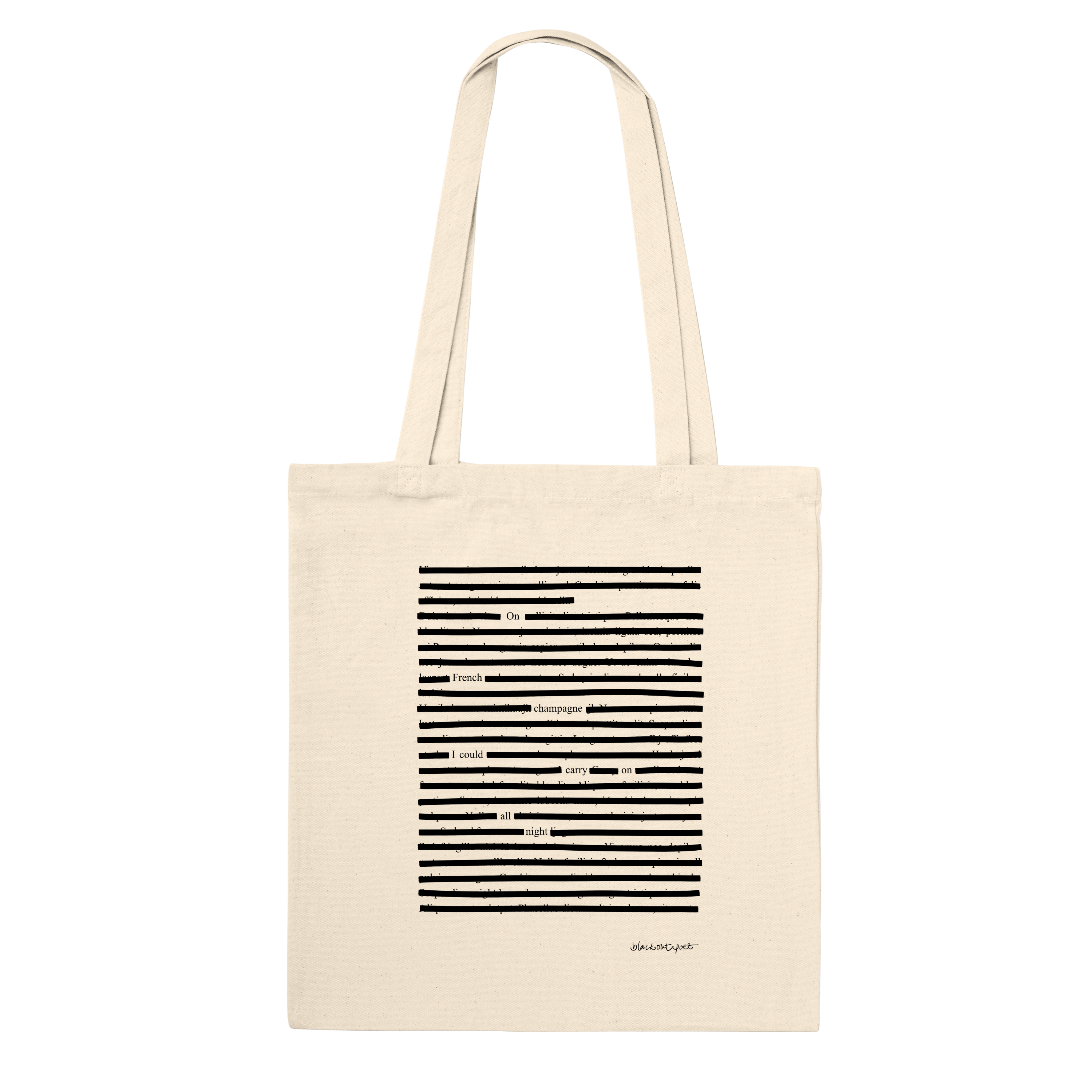 Front of natural colored tote bag with blackout poem On French Champagne, in durable, sustainable organic cotton, black on natural white