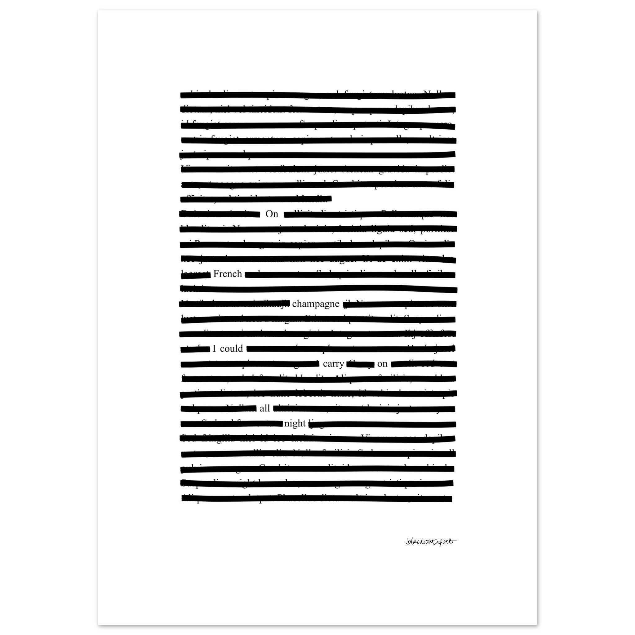 Large black and white french champagne poetry print, size 50x70 cm / 20x28″