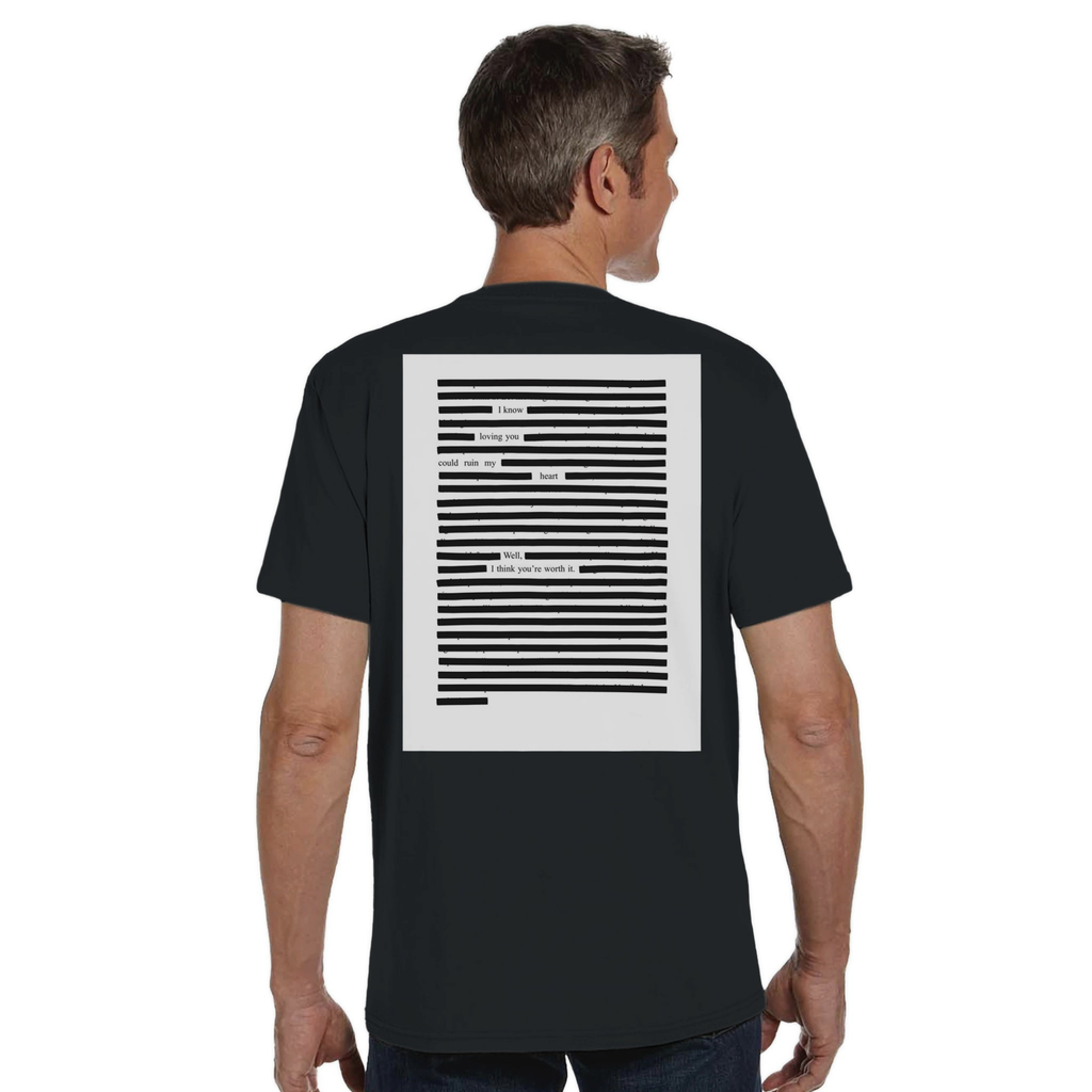 Model image organic cotton T-shirt printed poetry art, black on black