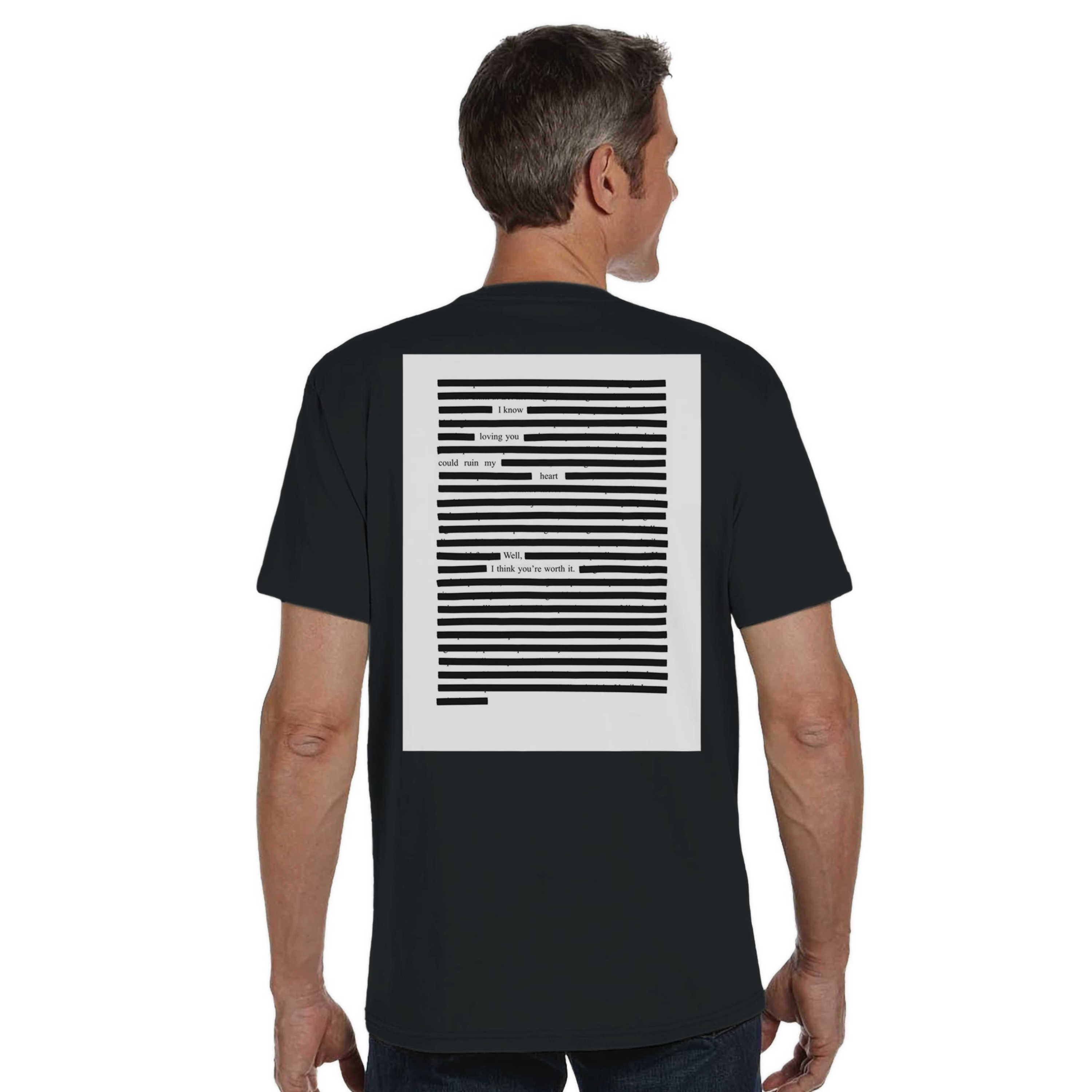 Model image organic cotton T-shirt printed poetry art, black on black