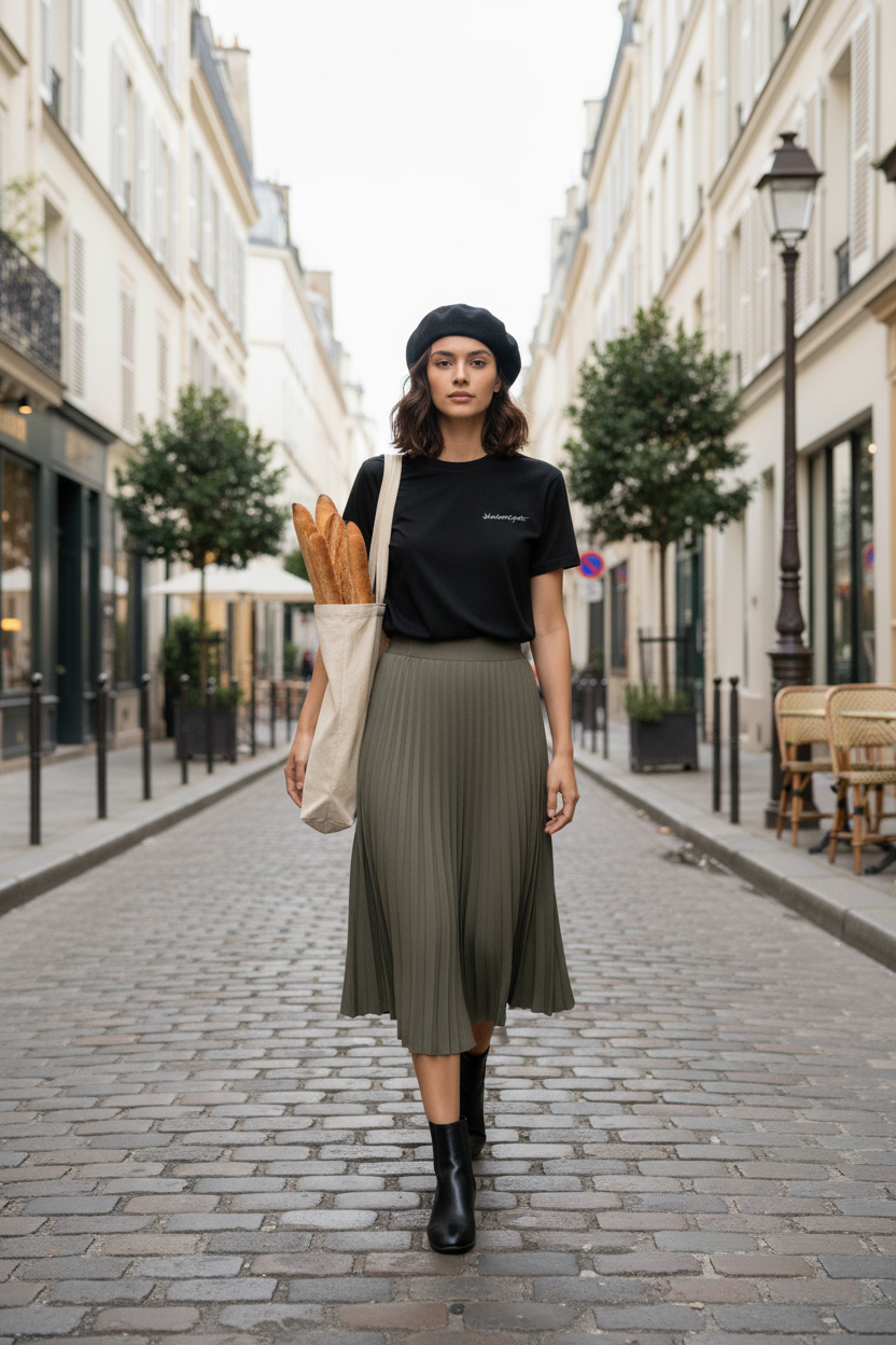 Parisian woman wearing beret and blackout poetry t-shirt pictured from front, walking down the street. Front of black on black and white on black design.