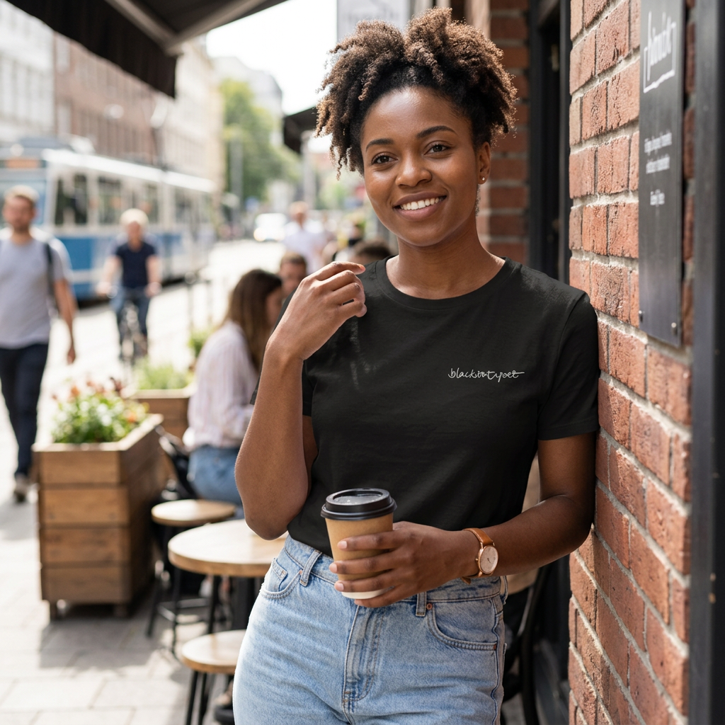 Lifestyle photo of woman wearing black organic cotton t-shirt with white logo on chest, carrying a cup of coffee. Style: black on black, white on black