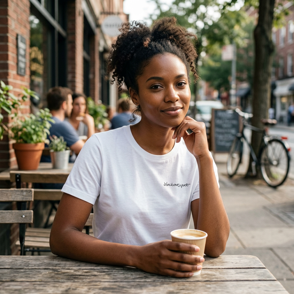 Lifestyle photo of woman wearing white organic cotton t-shirt with white logo on chest, carrying a cup of coffee. Style: black on white