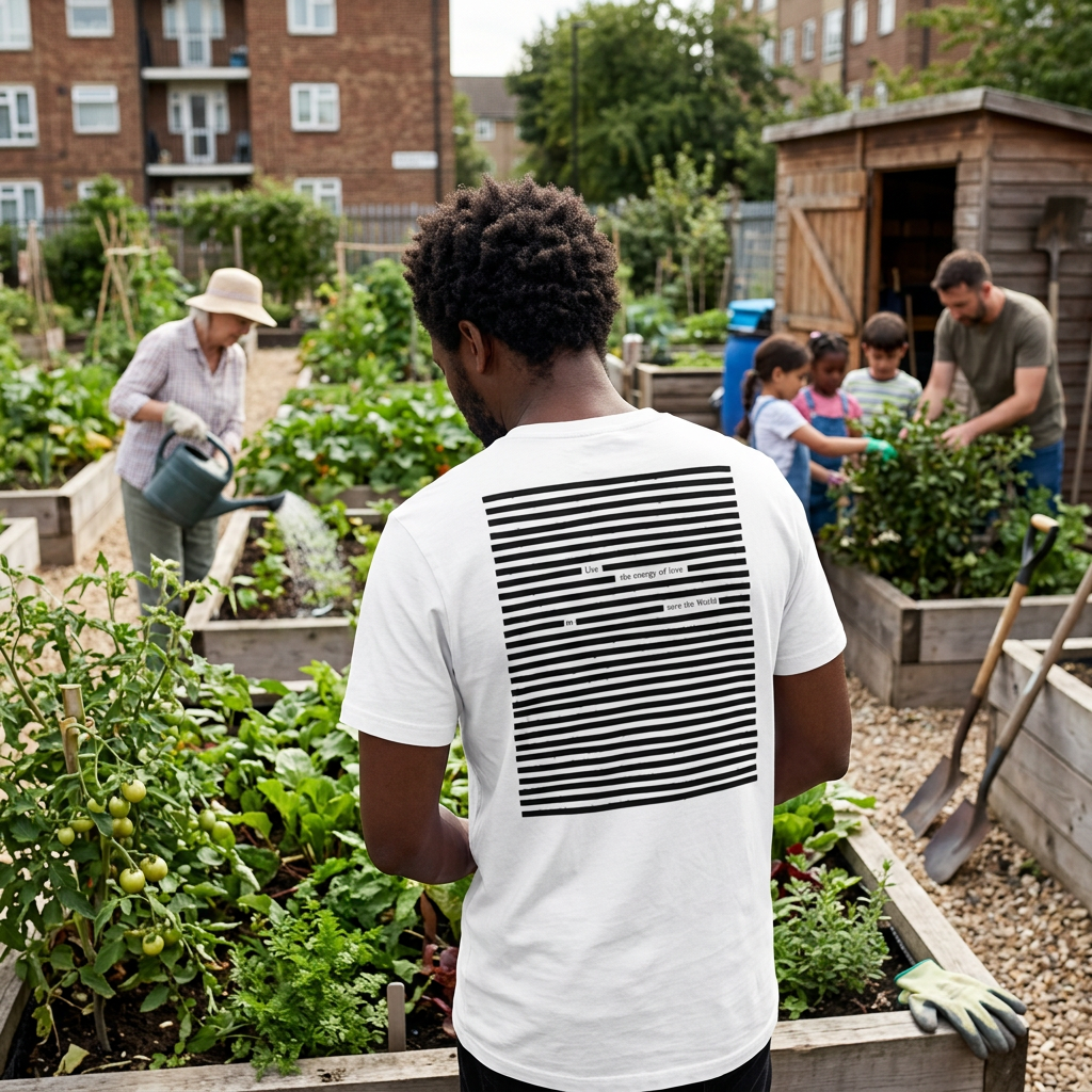 Lifestyle image of man wearing black on white poetry t-shirt - Use the Energy of Love - in community garden setting