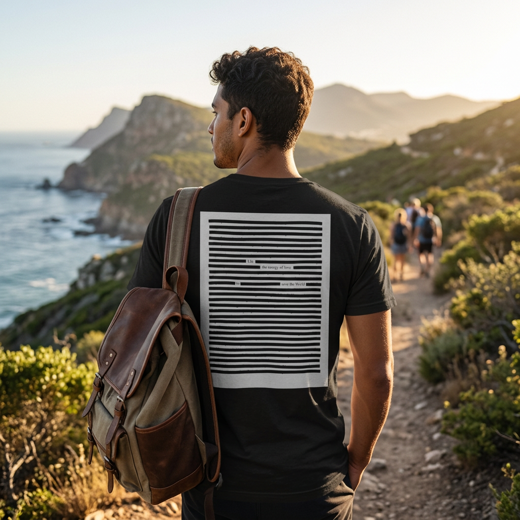 Lifestyle photo of man in nature environment wearing black on black t-shirt with graphic poetry print and backpack
