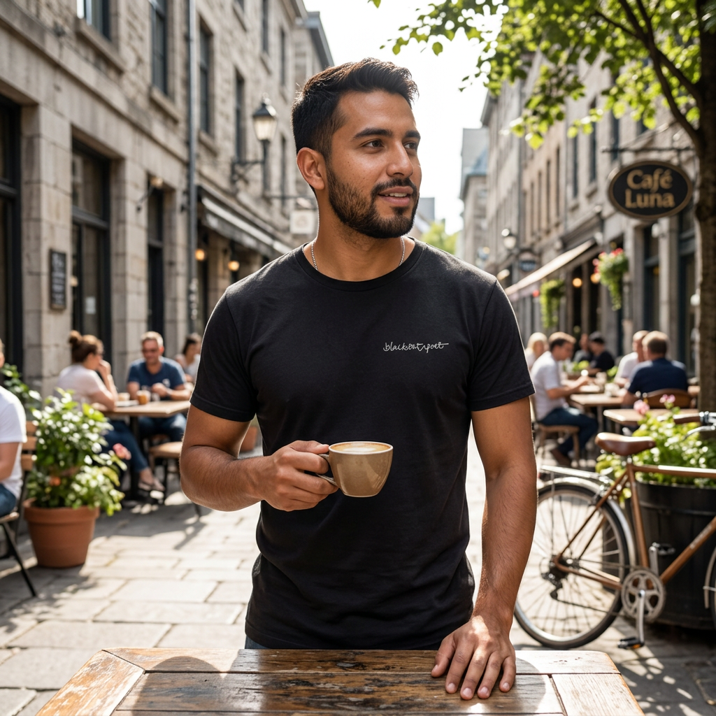 Lifestyle image of man wearing black organic cotton t-shirt with blackoutpoet logo on chest. Styles: black on black, white on black