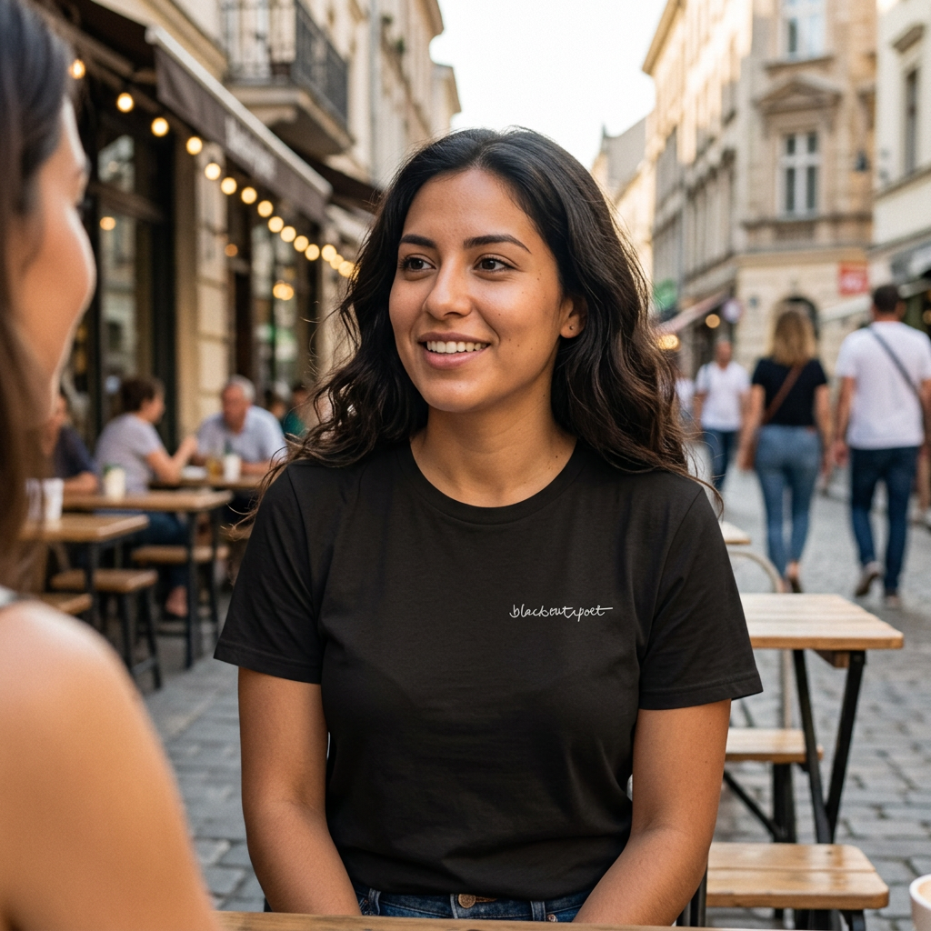 Lifestyle image of woman wearing black organic cotton t-shirt with blackoutpoet logo on chest. Styles: black on black, white on black