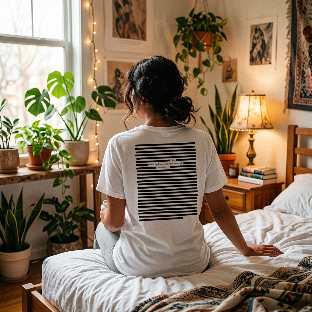 Lifestyle image of woman sitting on bed with white organic cotton t-shirt. Style: black on white