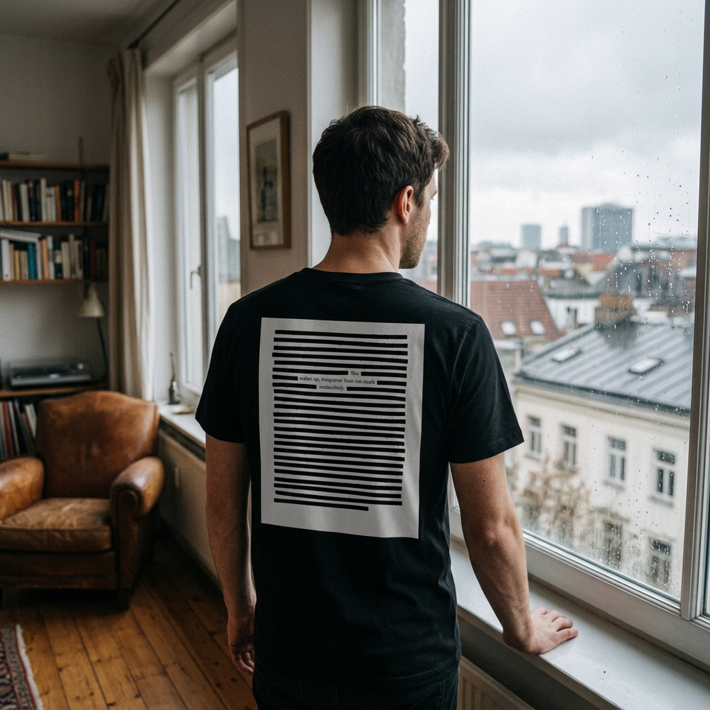 Lifestyle image of man looking out a window, wearing a black organic cotton t-shirt. Style: black on black