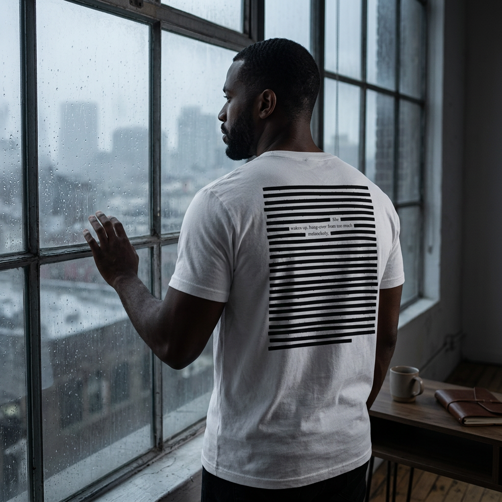 Lifestyle image of man looking out a window, wearing a white organic cotton t-shirt. Style: black on white