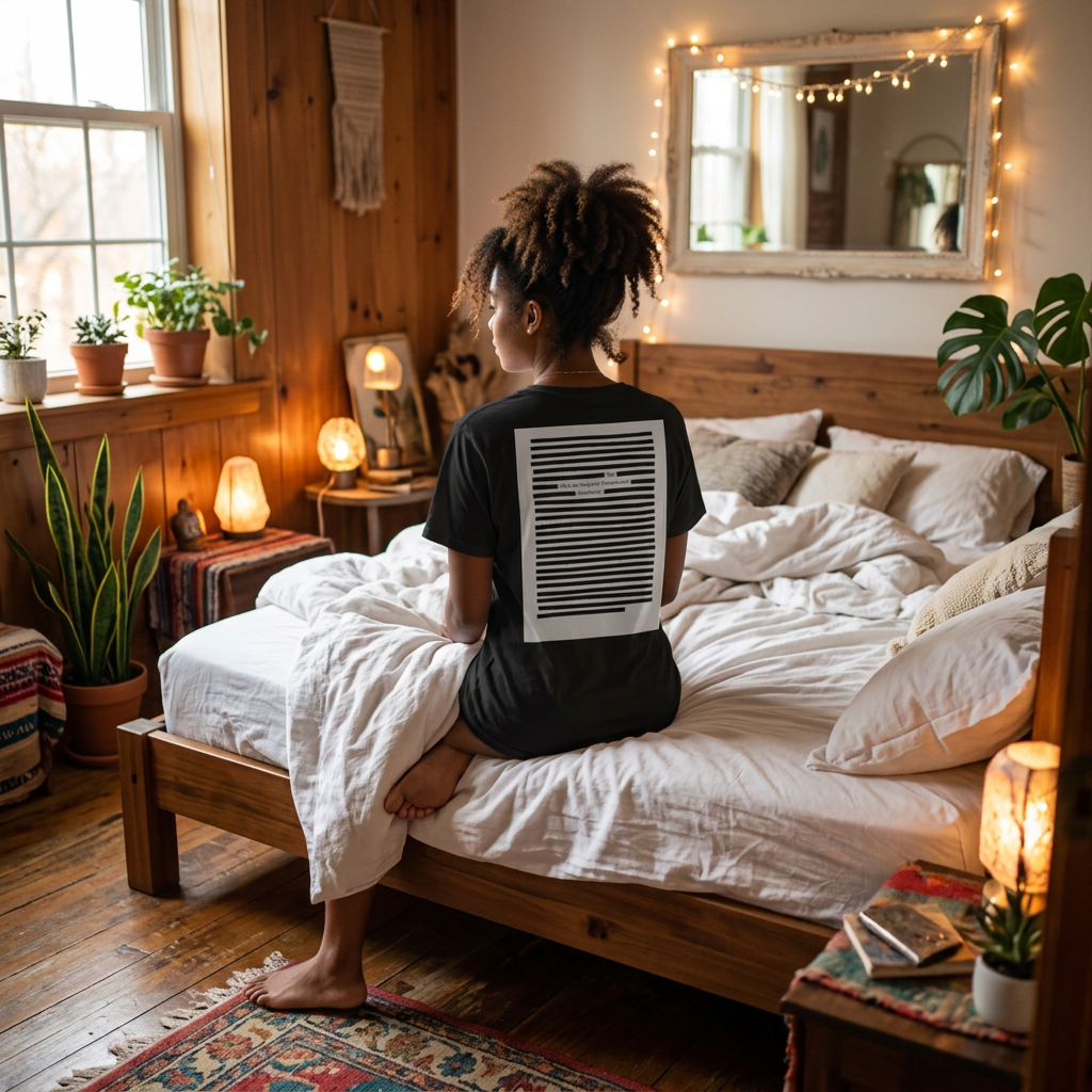 Lifestyle image of woman sitting on bed with black organic cotton t-shirt. Style: black on black