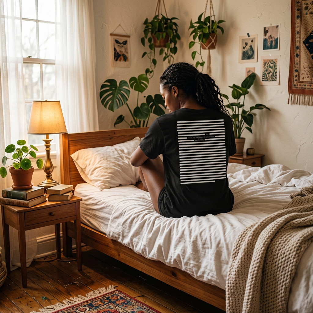 Lifestyle image of woman sitting on bed with black organic cotton t-shirt. Style: white on black