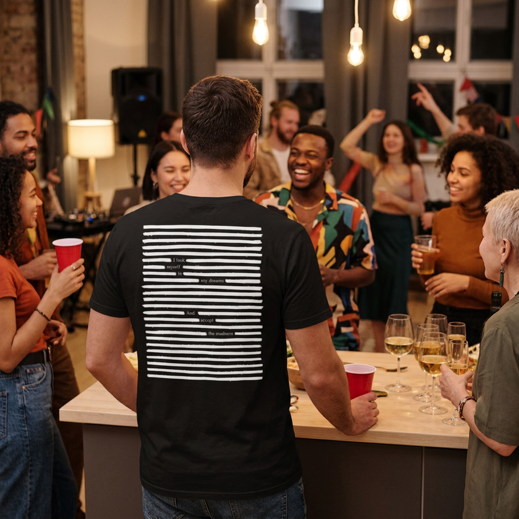 Lifestyle image of man wearing black organic cotton t-shirt in a house party setting, style: white on black