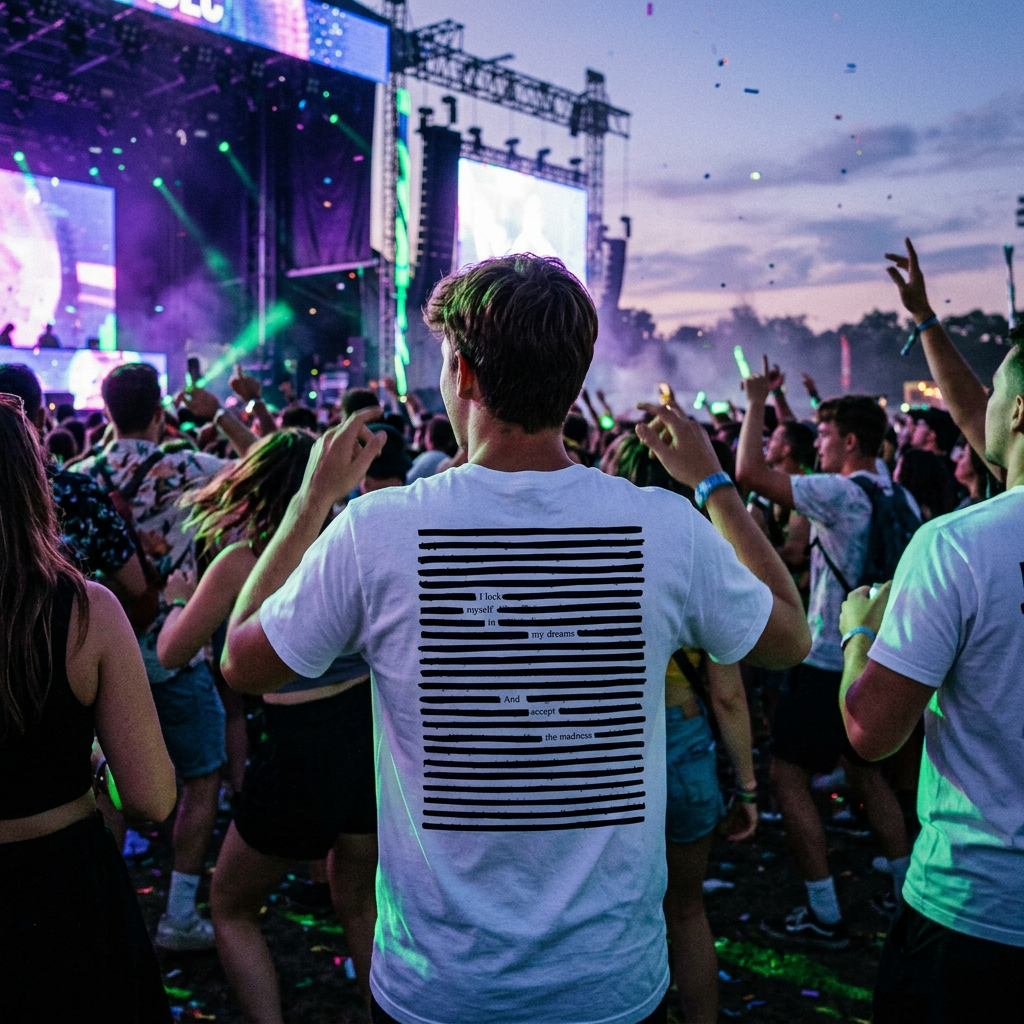 Lifestyle photo of man at a music festival, with black on white poetry printed t-shirt