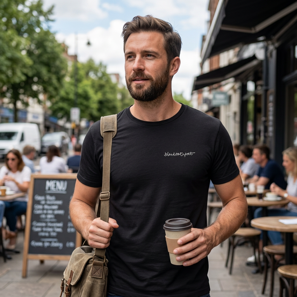Lifestyle photo of man wearing black organic cotton t-shirt with white logo on chest, carrying a cup of coffee. Style: black on black, white on black