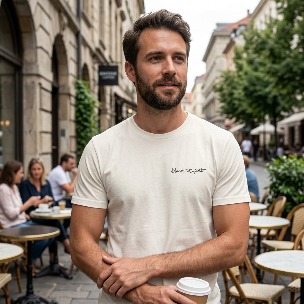 Lifestyle photo of man wearing white organic cotton t-shirt with white logo on chest, carrying a cup of coffee. Style: black on white