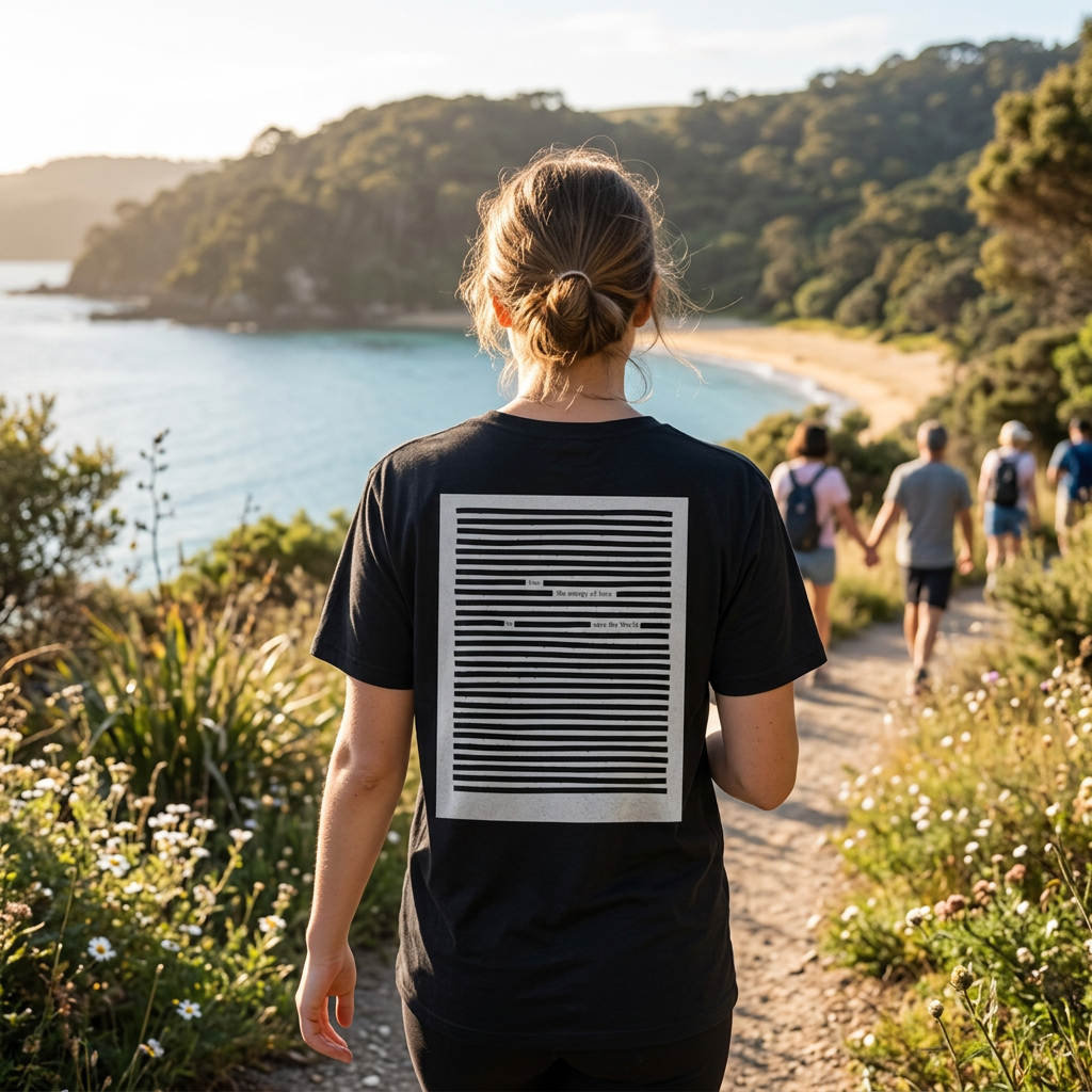 Lyfestyle photo of person walking down beautiful nature path wearing black on black poetry t-shirt with graphic print