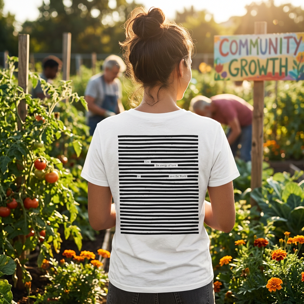 Lifestyle image of woman wearing black on white poetry t-shirt - Use the Energy of Love - in community garden setting