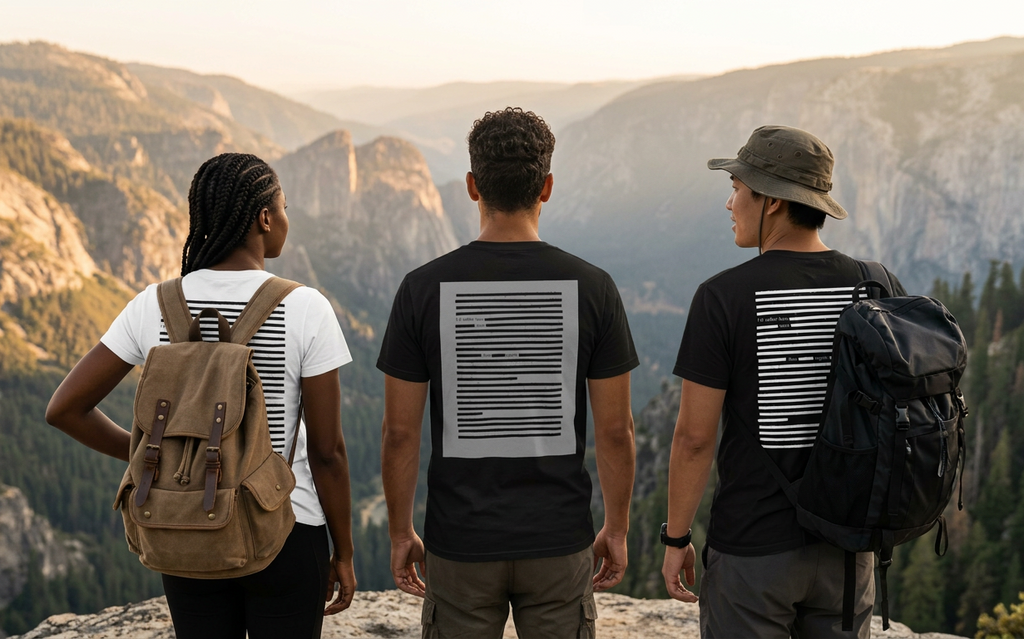 Lifestyle image of three friends wearing graphic printed organic cotton unisex t-shirts in styles: black on black, white on black, black on white, in travel environment
