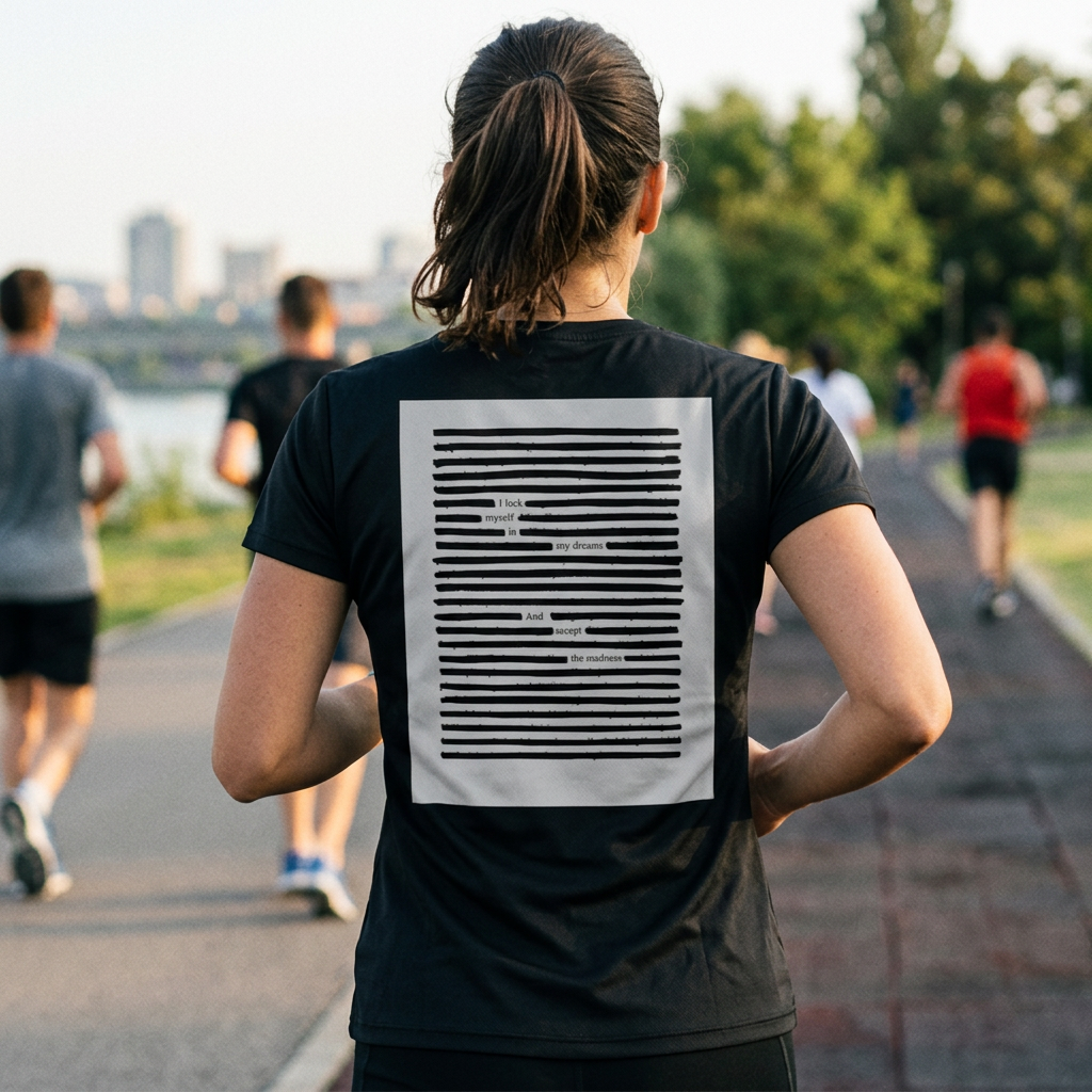 Lifestyle photo of woman going for a run, with black on black poetry printed t-shirt