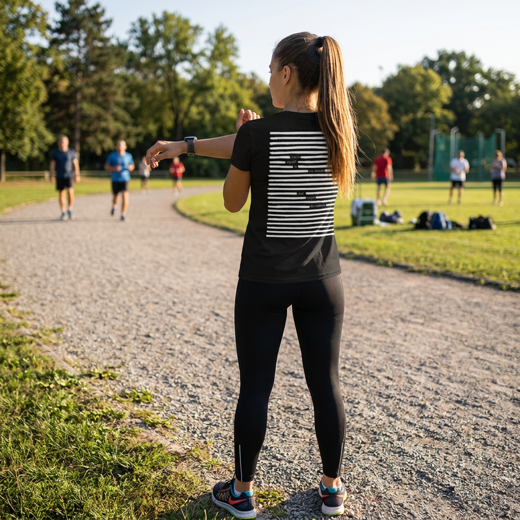 Lifestyle photo of woman preparing to run, with white on black poetry printed t-shirt