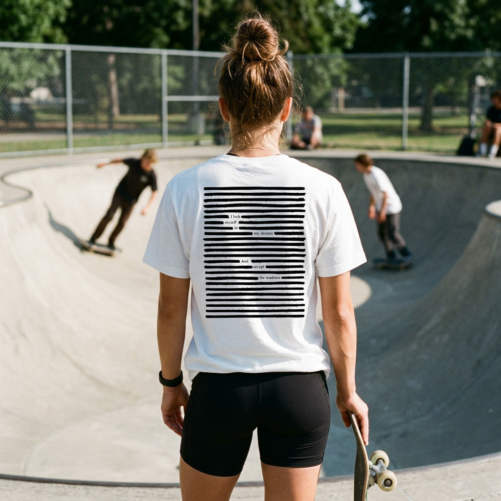 Lifestyle photo of woman at skate park, with black on white poetry printed t-shirt