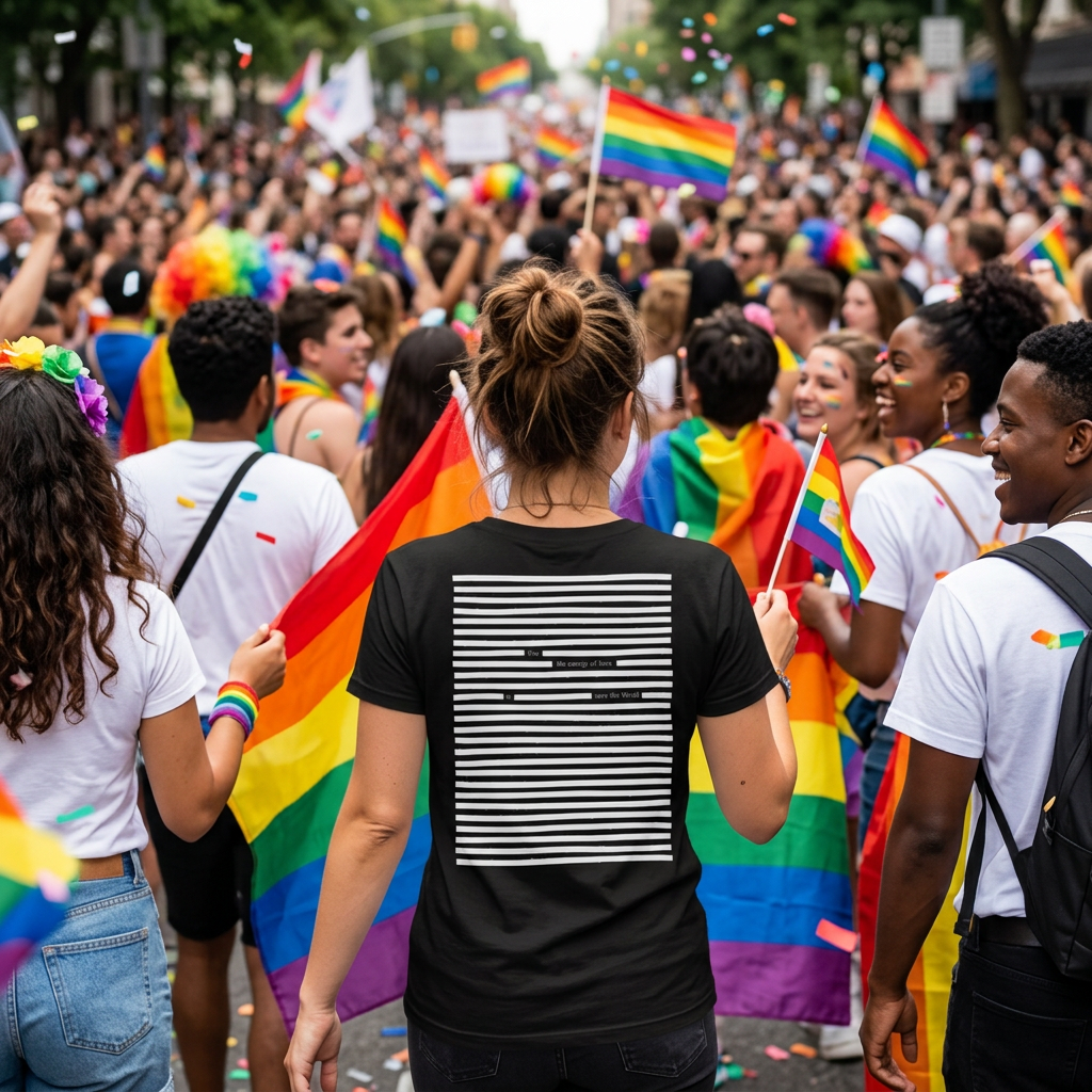Person wearing white on black t-shirt with poetry print, walking down a pride parade