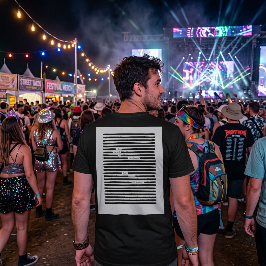 Lifestyle photo of man at a festival, wearing black on black poetry printed t-shirt