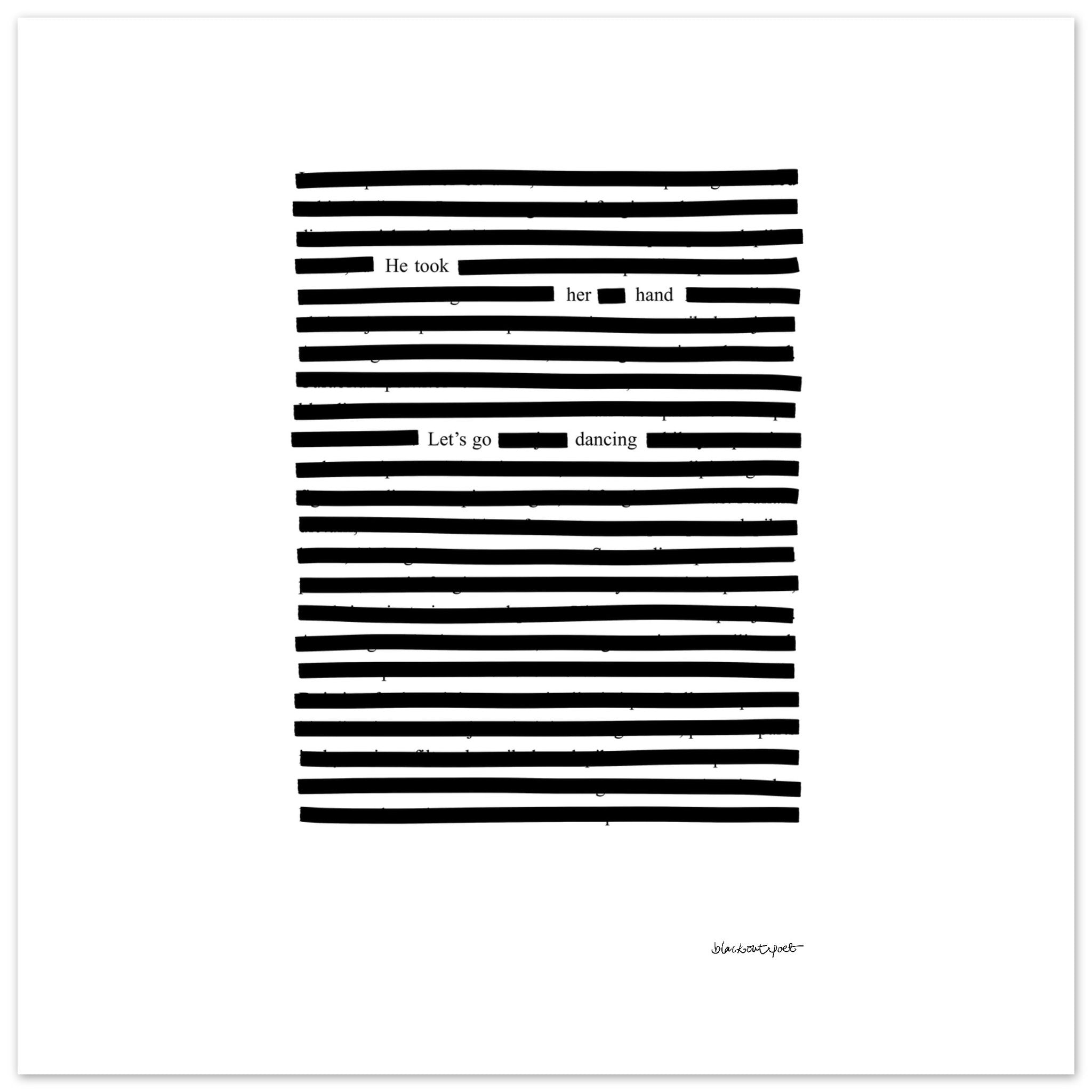Square poetry wall art let's go dancing, graphic print black on white, size 25x25 cm / 10x10″