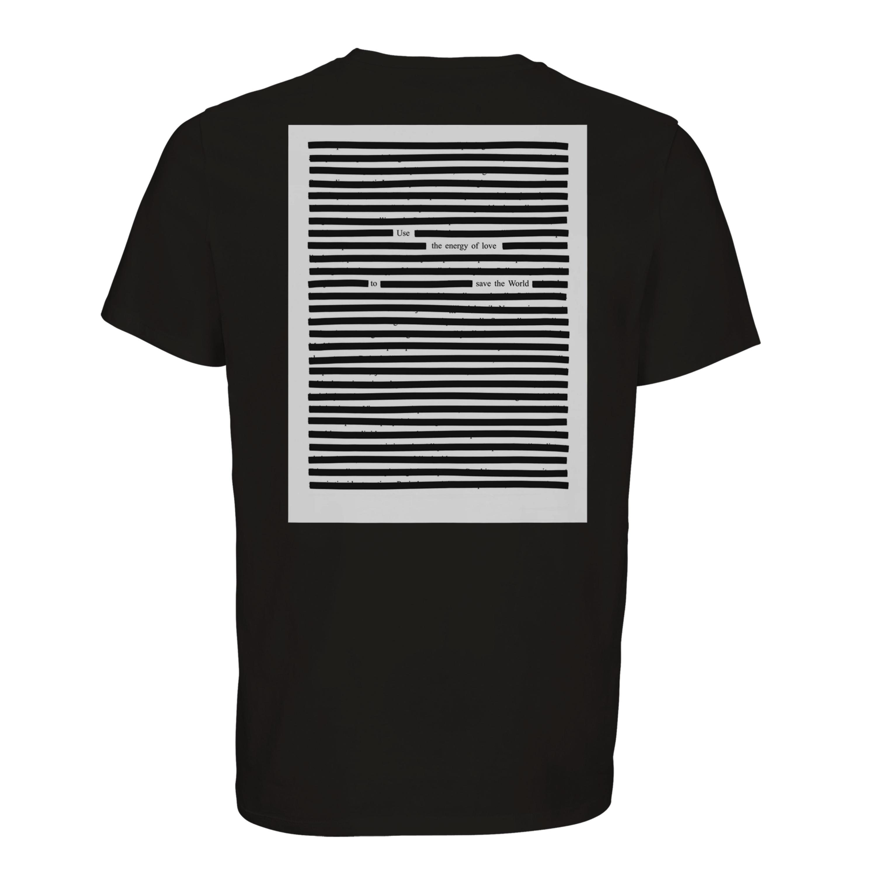 Black organic T-shirt with black printed poetry art, black on black