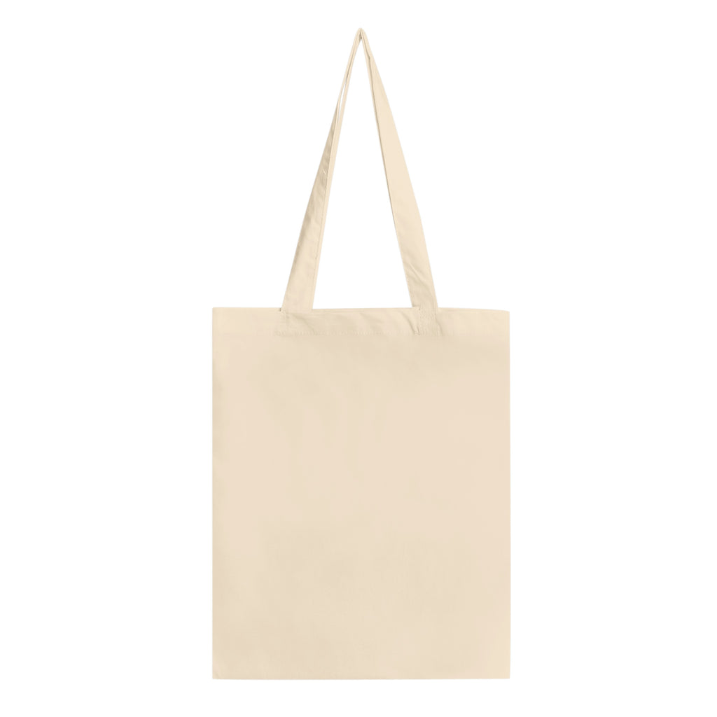 Back of natural, beige tote bag in organic cotton, black on natural white