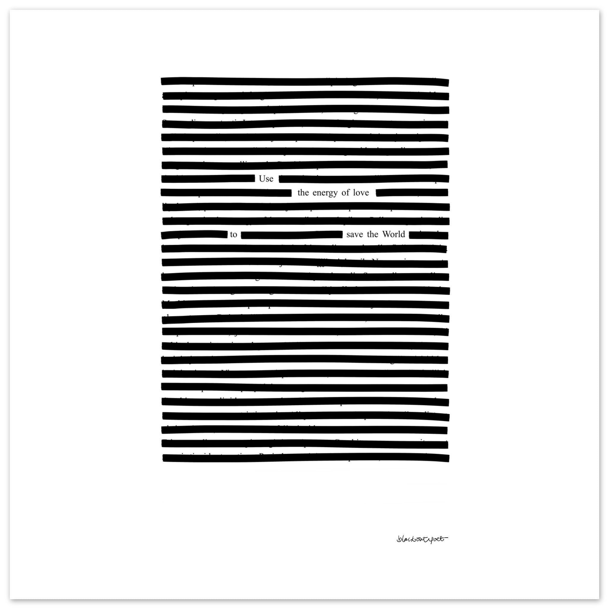 Energy of love - blackout poetry wall art print, size 25x25 cm / 10x10″