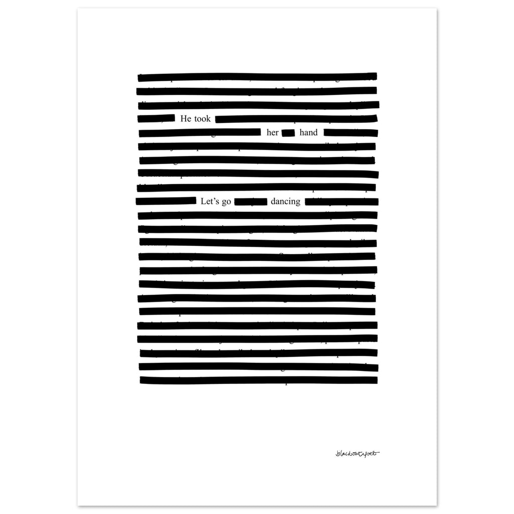 Blackout poetry poem print, black lines on white background, size 13x18 cm / 5x7″