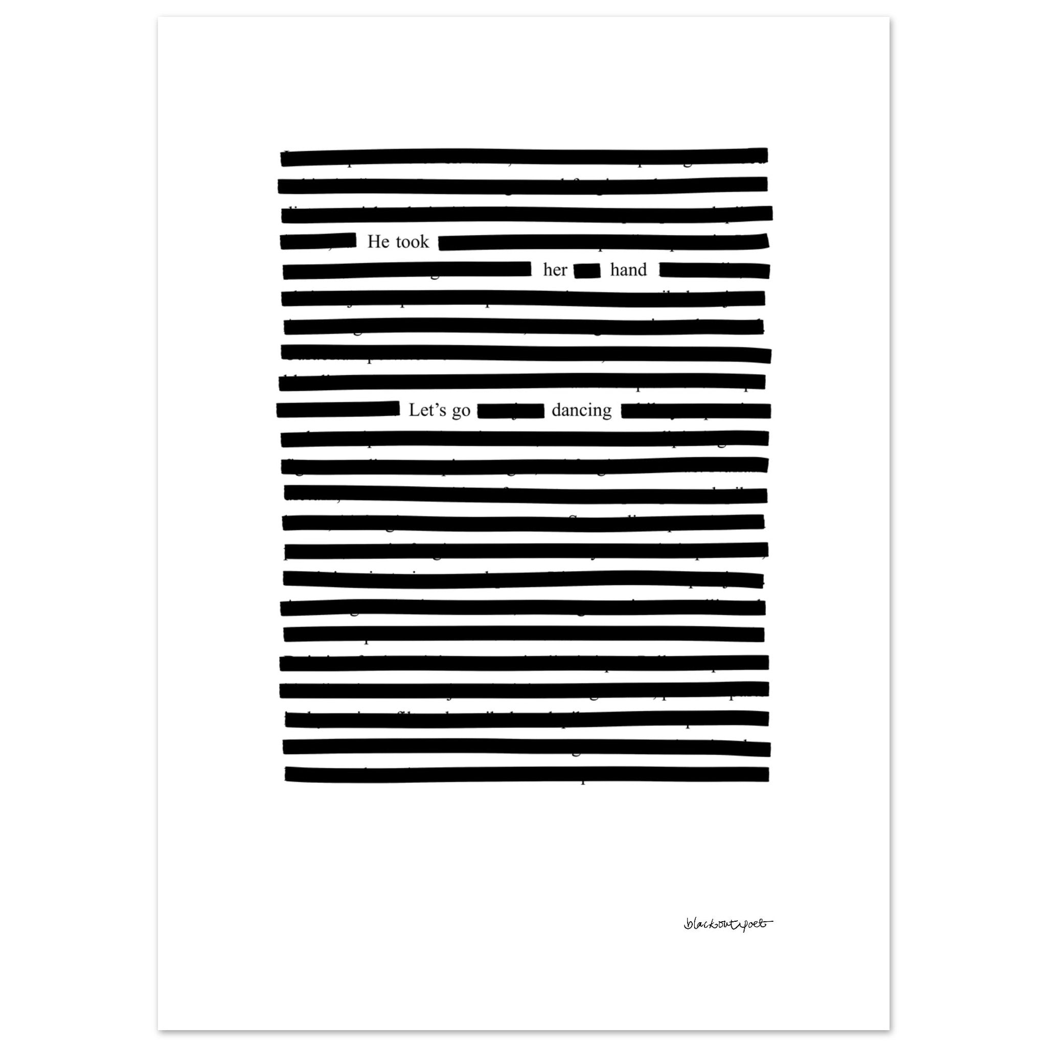Blackout poetry poem print, black lines on white background, size 13x18 cm / 5x7″