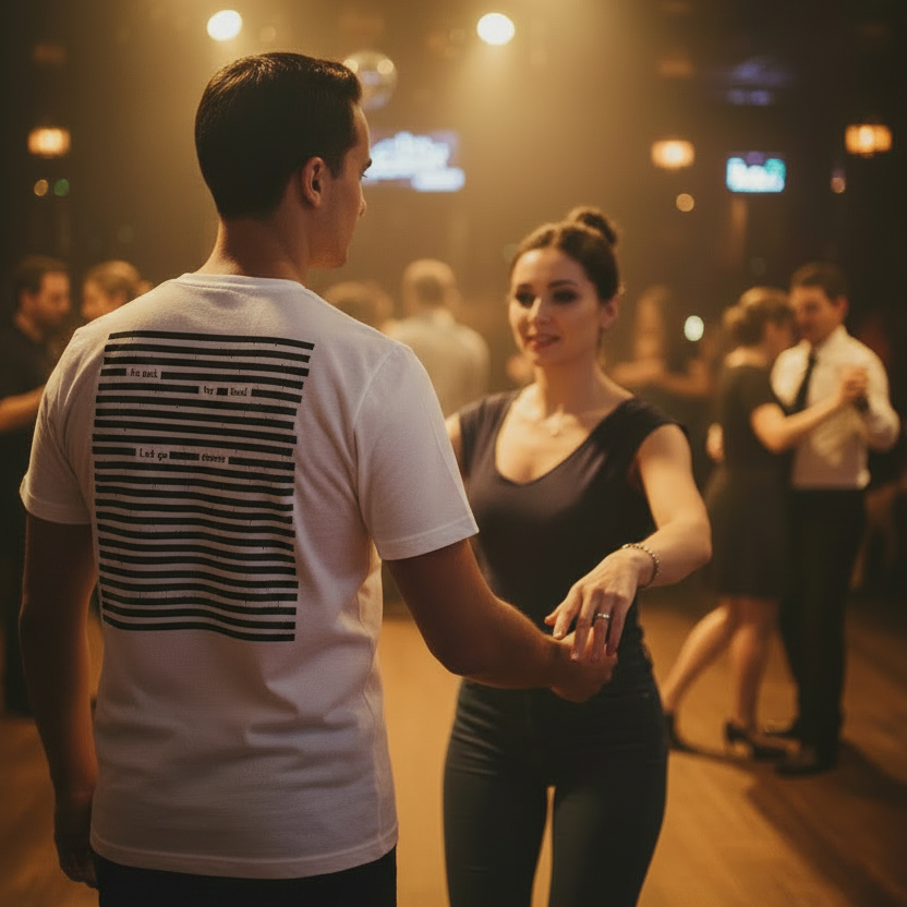 Couple on their way to start dancing, man wearing white organic cotton t-shirt, black on white