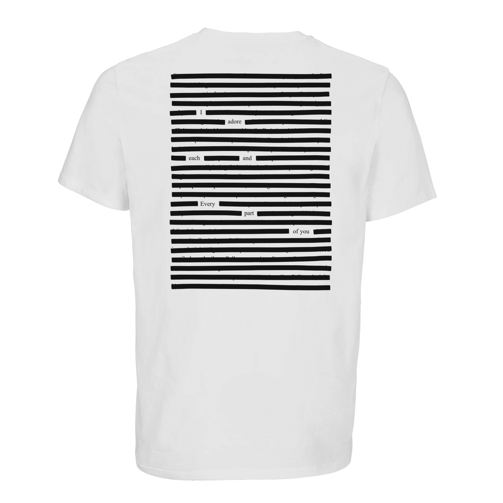 White organic cotton printed poetry art, black on white