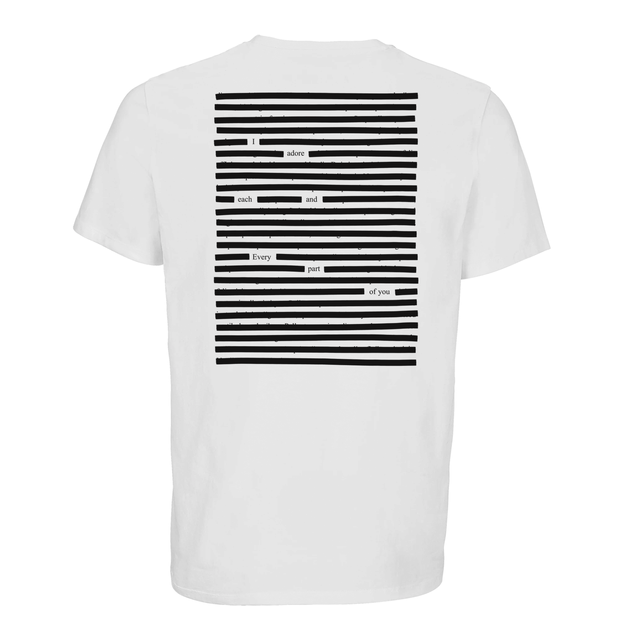 White organic cotton printed poetry art, black on white
