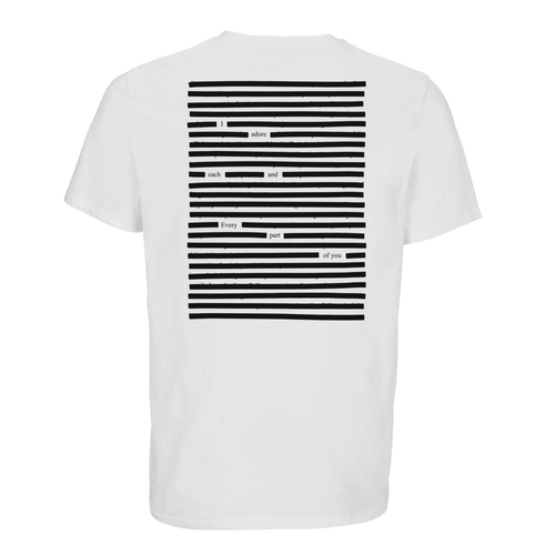 White organic cotton printed poetry art, black on white