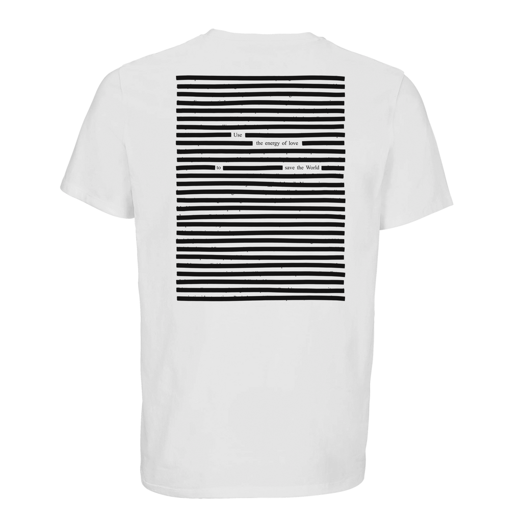 White organic T-shirt printed petry art energy of love, black on white