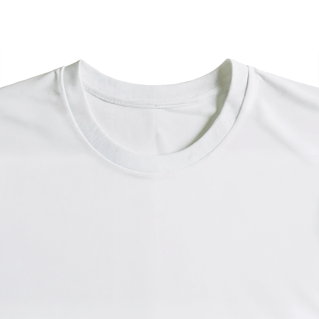 Detail image of neck/collar of white organic cotton t-shirt, black on white design