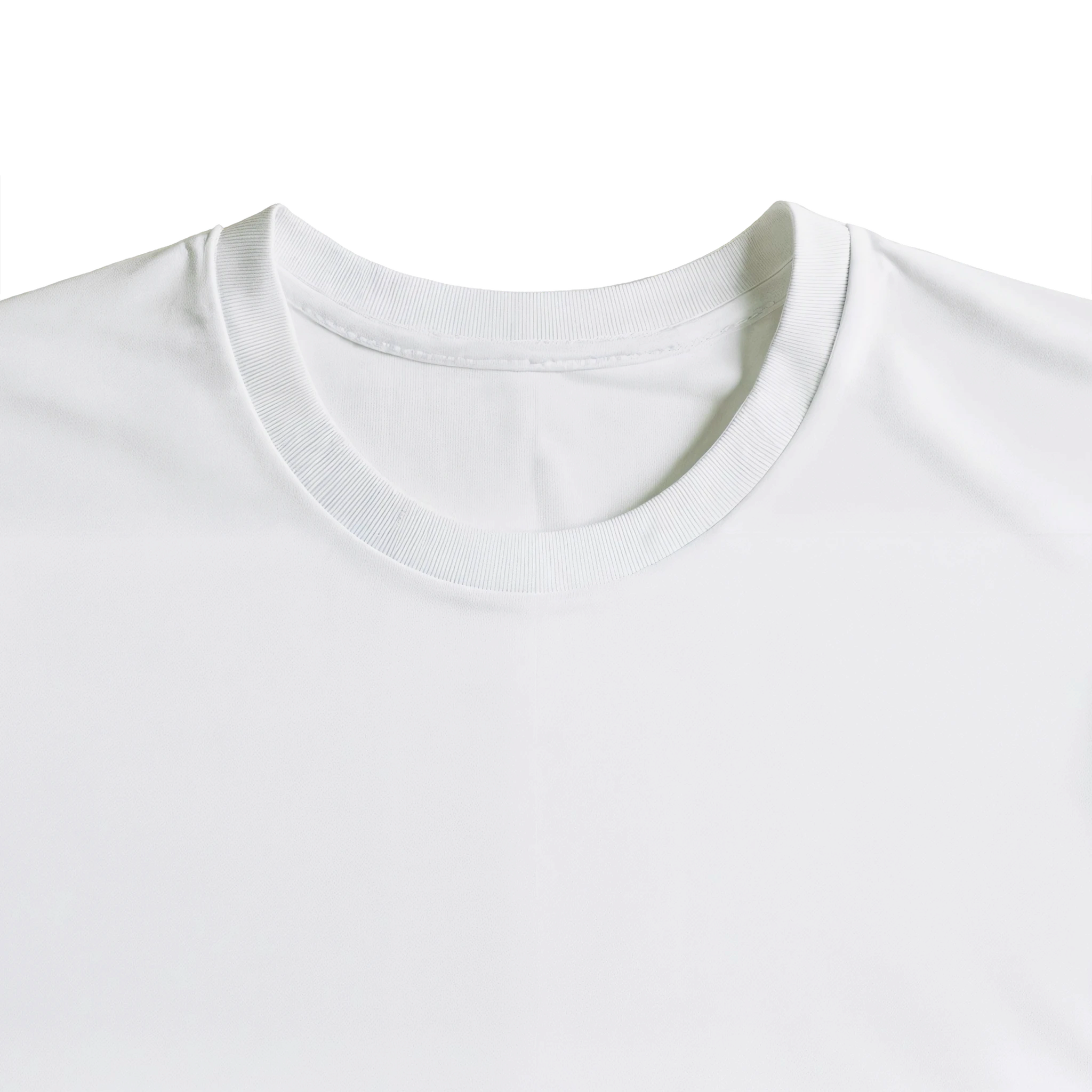 Detail image of neck/collar of white organic cotton t-shirt, black on white design