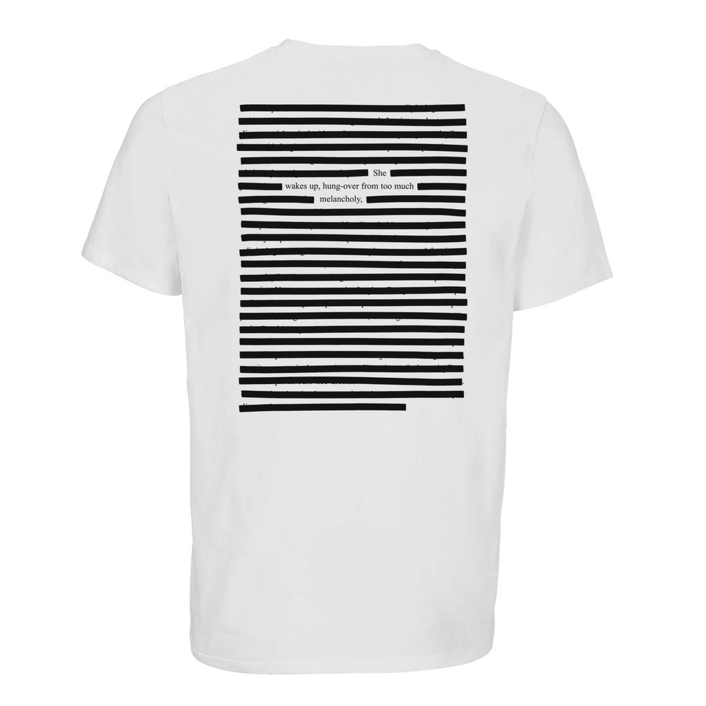 White organic T-shirt with black poetry printed art, black on white