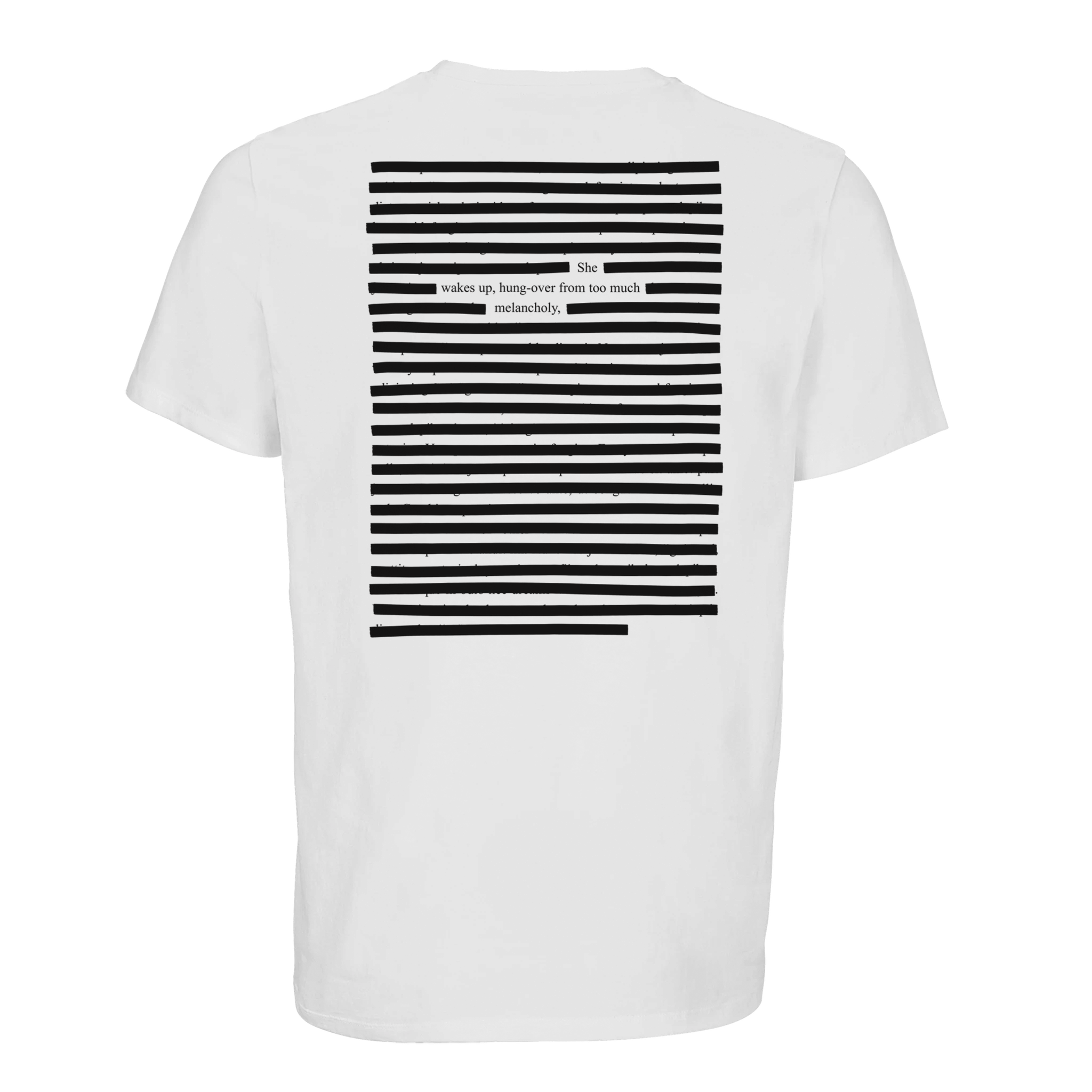 White organic T-shirt with black poetry printed art, black on white