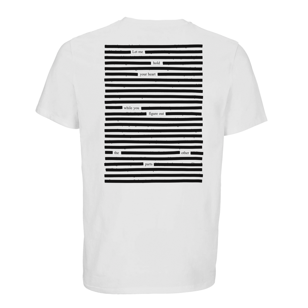 White organic T-shirt printed poetry art organic, black on white
