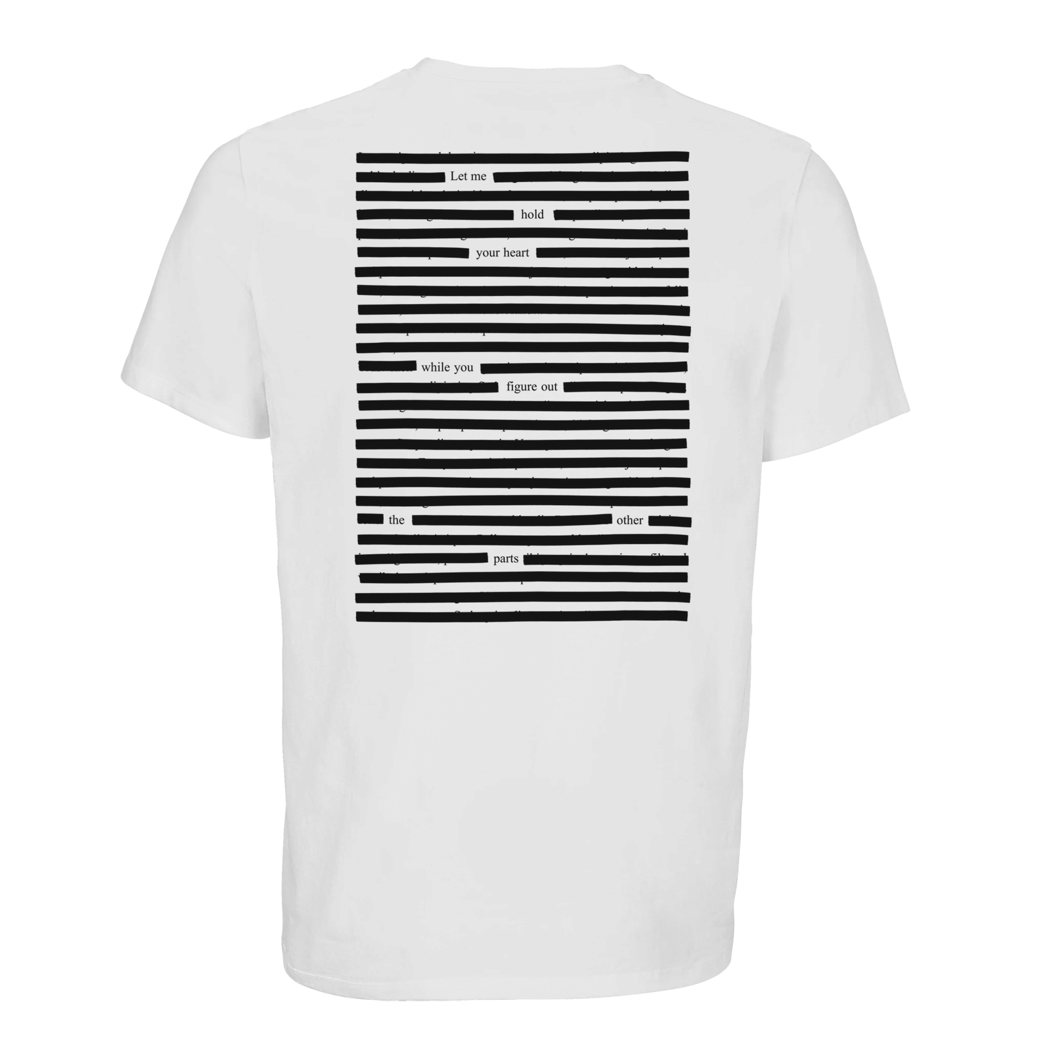 White organic T-shirt printed poetry art organic, black on white