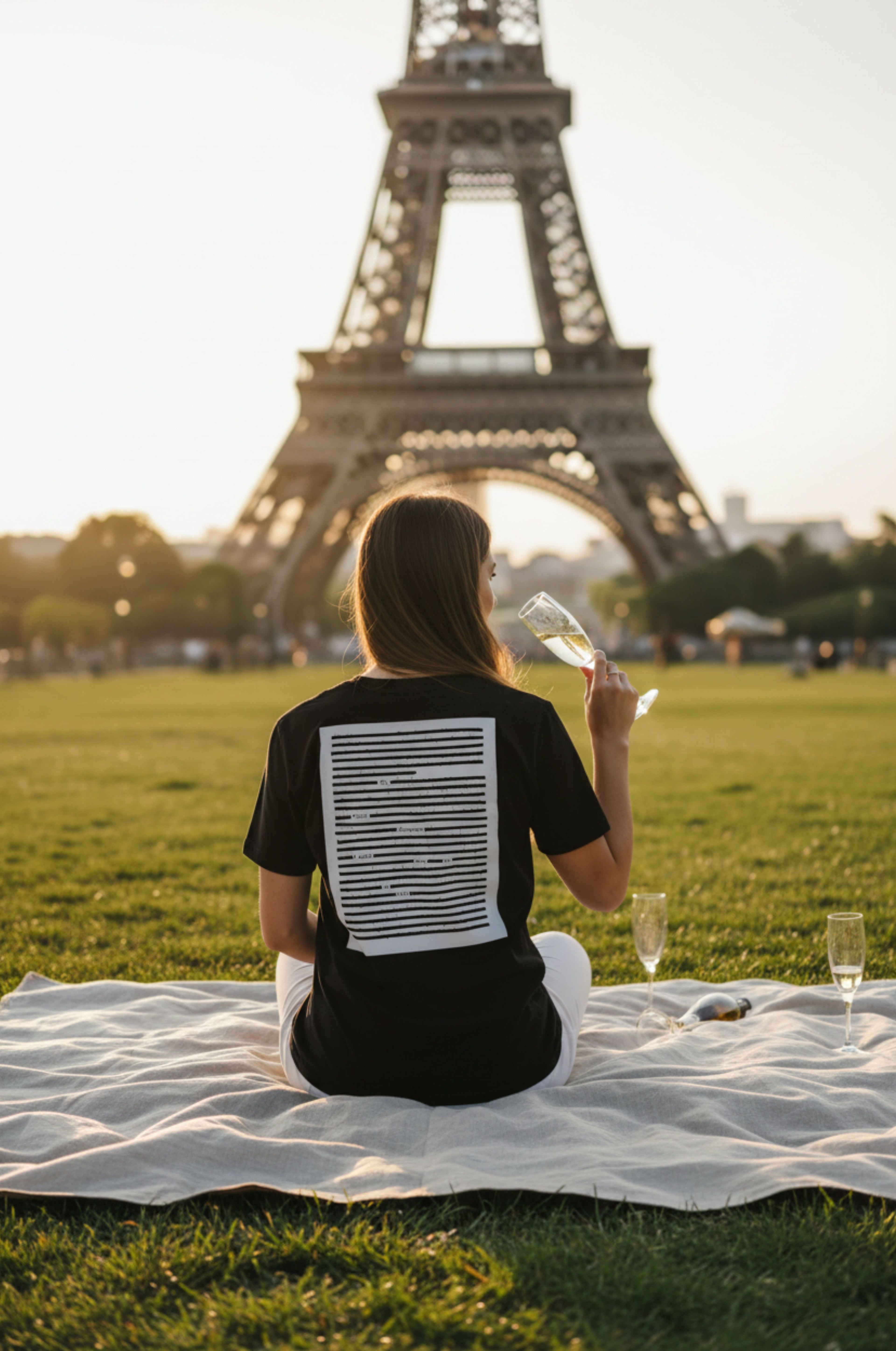 Woman pictured from behind, overlooking the Eiffel tower while sipping Champagne, wearing a graphic blackout poetry t-shirt, in black on black design