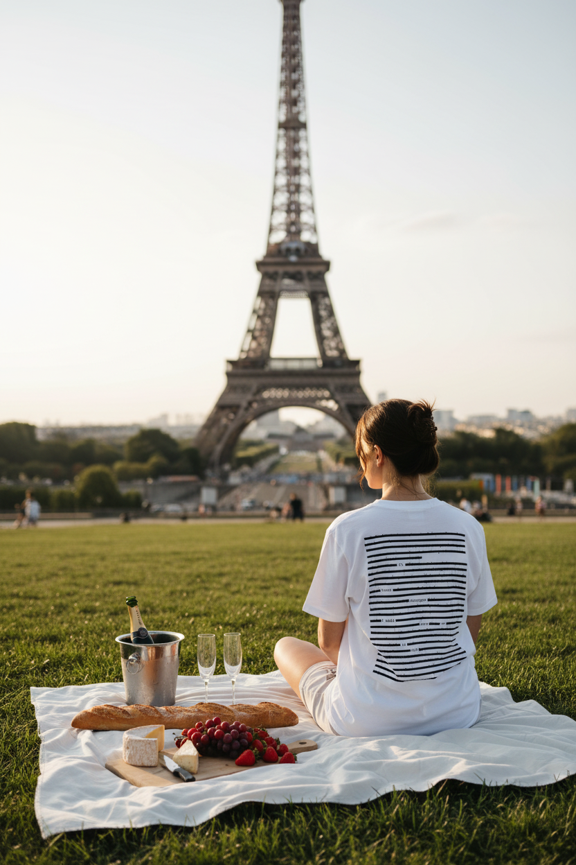 Woman pictured from behind, overlooking the Eiffel tower while with a picnic, wearing a graphic blackout poetry t-shirt, in black on white design