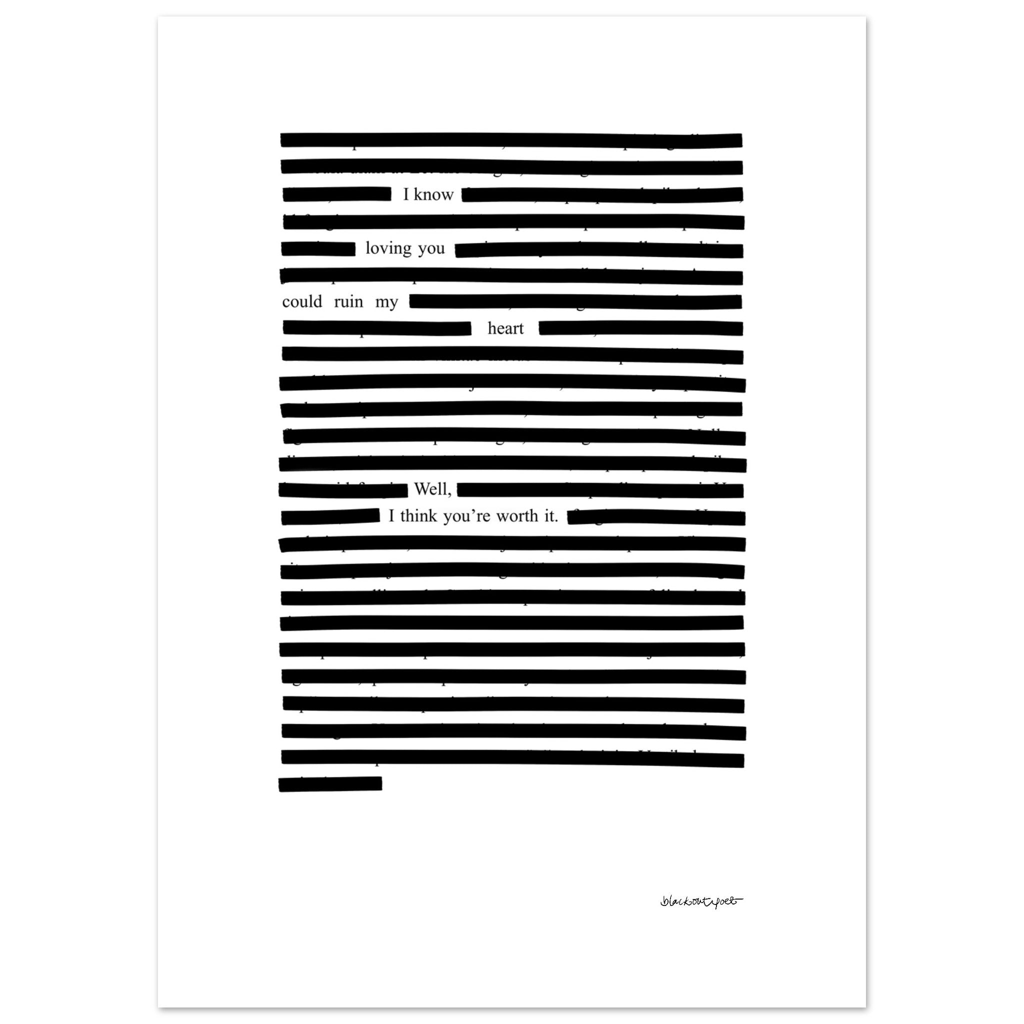 Large black and white poster with printed love poem, size 50x70 cm / 20x28″