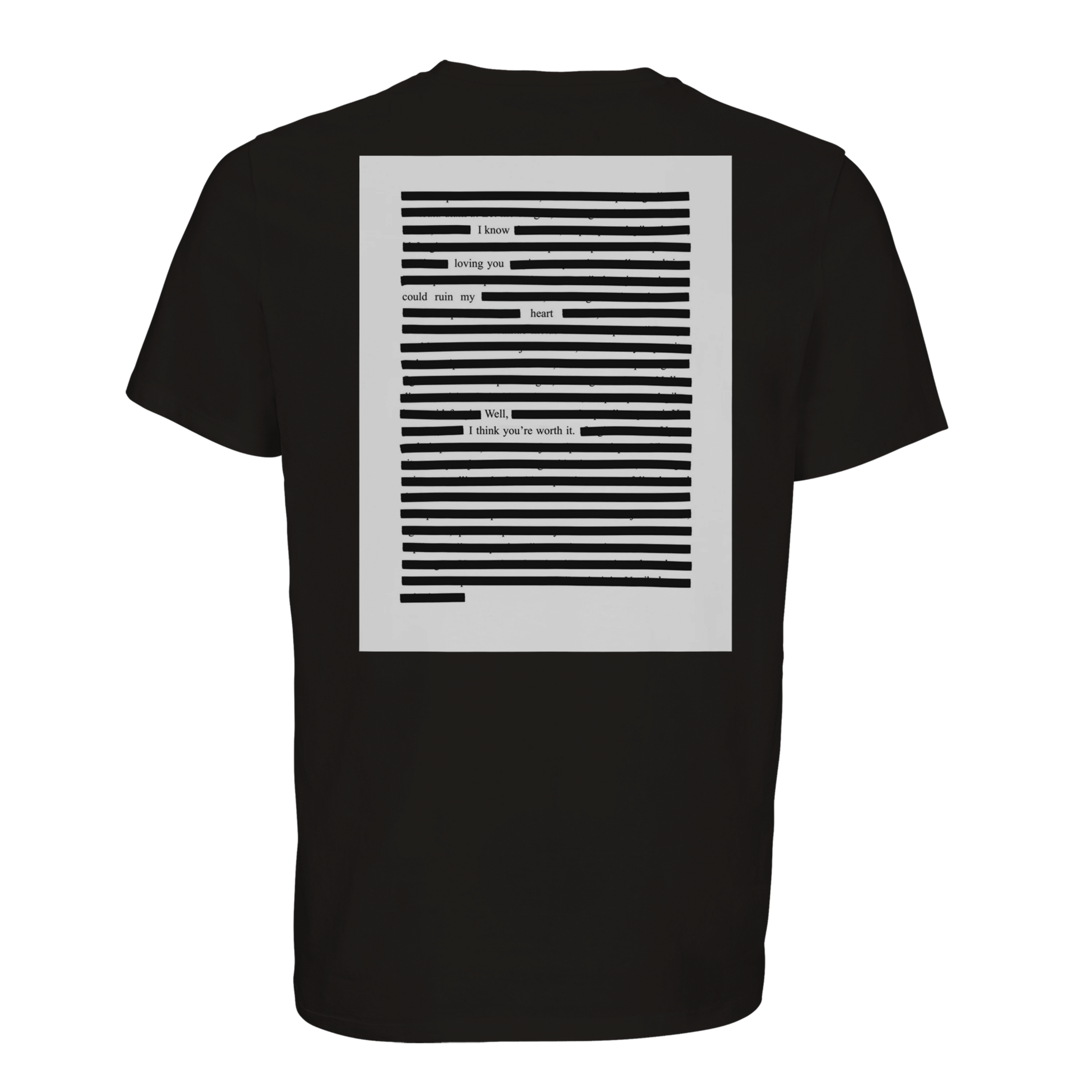 Black organic cotton T-shirt with printed poetry art print, black on black
